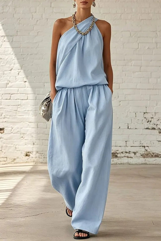 Cotton-linen Sleeveless Double-layer Top And Wide-leg Pants Set 