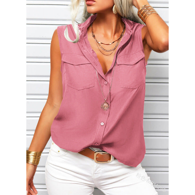 Solid-color Lapel-collar Loose-fit Sleeveless Top With Pockets 