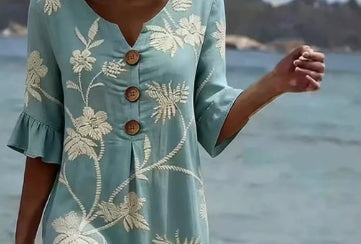 Resort Style V Neck Printed Loose Fitting Mid Sleeve Dress 