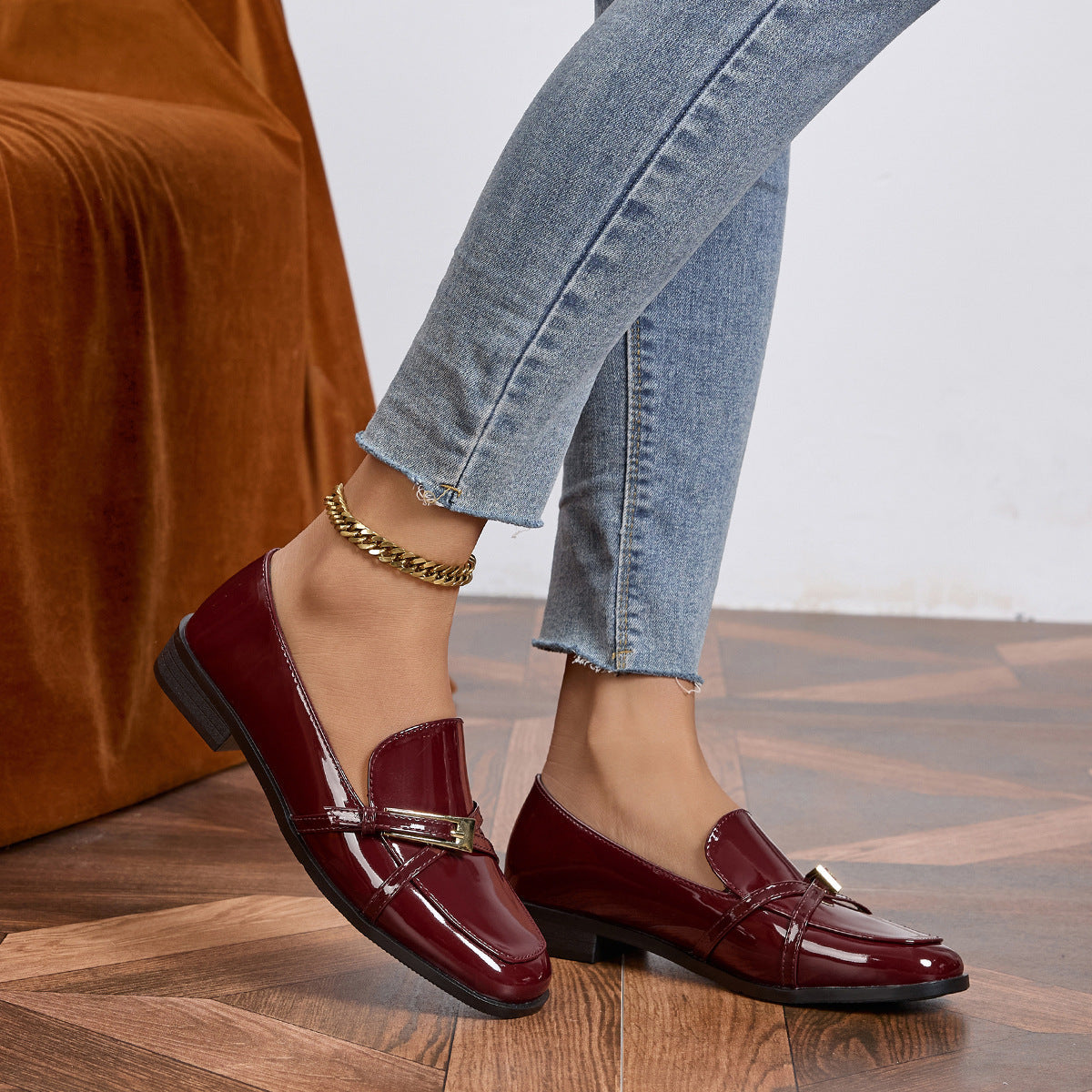 Casual All-Match Patent Leather Square Toe Leather Shoes CJ