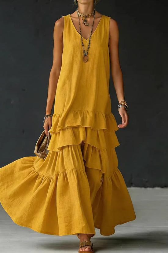 Solid-color Womens Loose-fitting Full-skirted Sleeveless Dress 