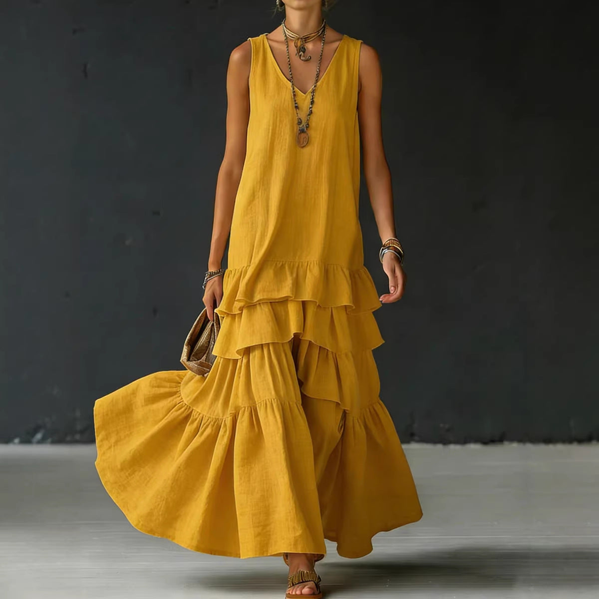 Solid-color Womens Loose-fitting Full-skirted Sleeveless Dress 