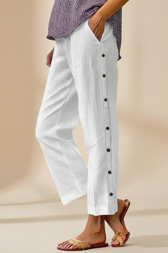 Cropped Pants With Decorative Buttons Along The Side Seams 