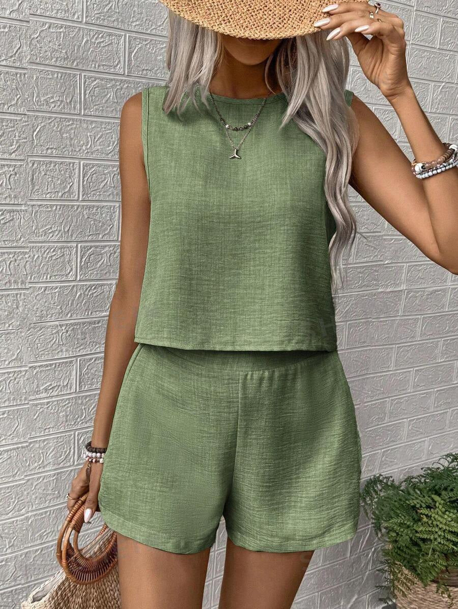 Solid Color Women Sleeveless Vest Shorts Casual Fashion Two-piece Set FitiqueFit
