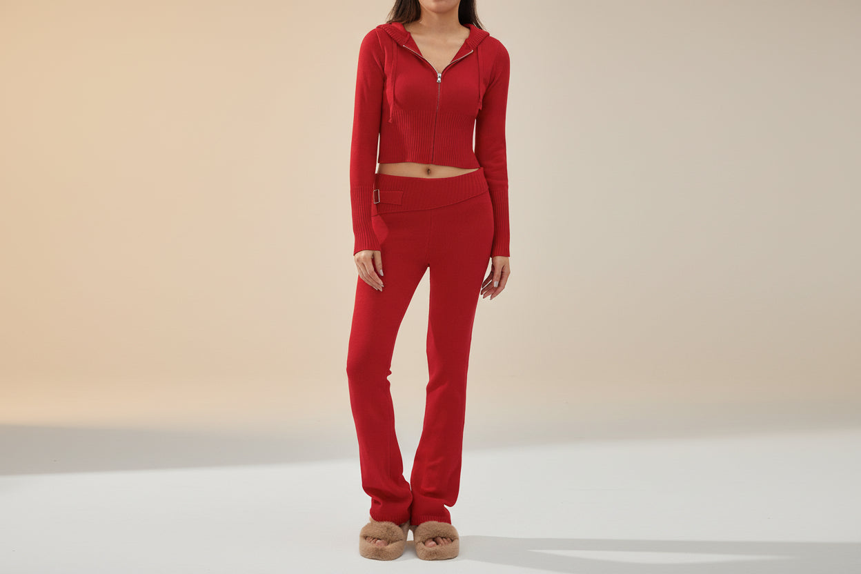 Women’s Knitted Hooded Two-Piece Set – Cardigan & High-Waisted Pants Suit - FitiqueFit