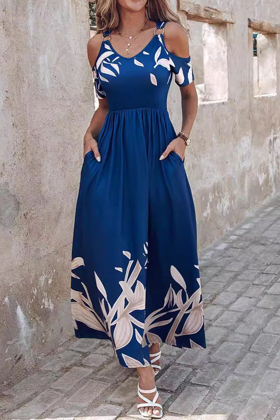 Ladies' Floral Print Deep V-neck Tassel Detail Elegant Short Dress 