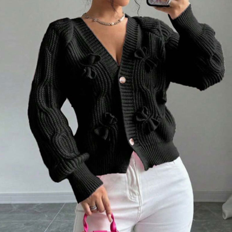 Women's Bow Cropped Cardigan - Long Sleeve V-Neck Button Down Knit Sweater Top 