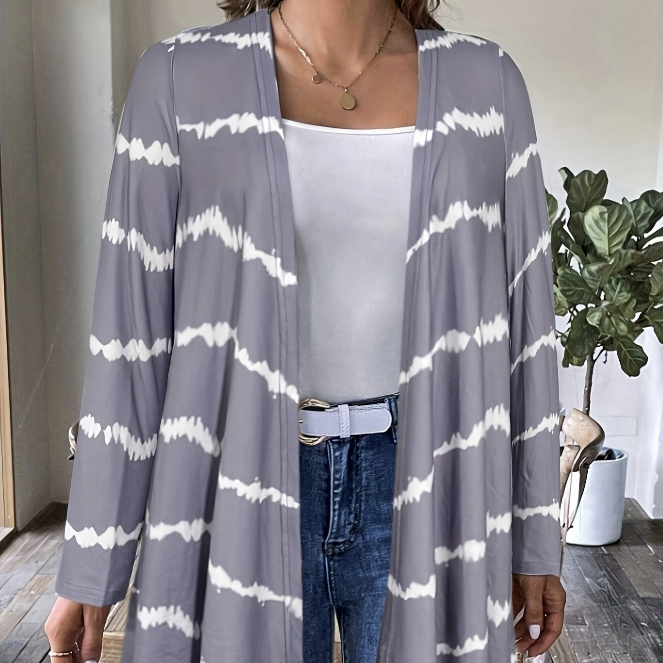 Ladies' Printed Buttonless Open Top Fashionable Versatile Vacation Jacket Top CJ US
