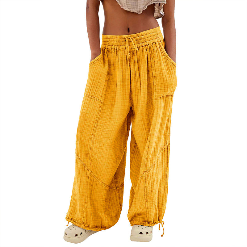 Women's Solid-color Wide-leg Pants With Elastic Drawstring Waist Elasticized Leg Cuffs Side Pockets For Spring&Fall Fashionable Simple Wear CJ US