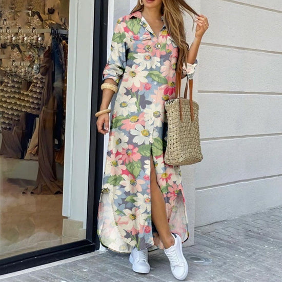 Lapel-collar Long Shirt Dress For Women 