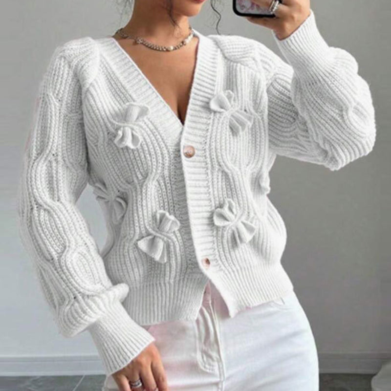 Women's Bow Cropped Cardigan - Long Sleeve V-Neck Button Down Knit Sweater Top 