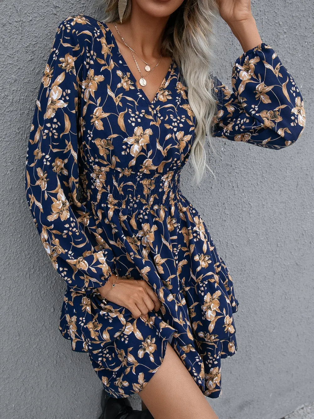 Floral Layered Surplice Balloon Sleeve Dress eprolo