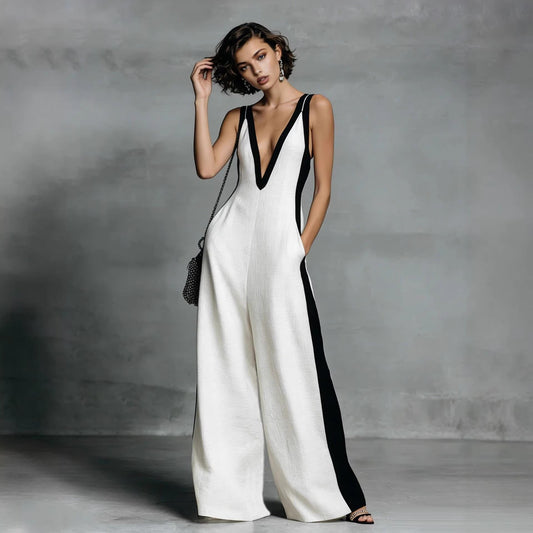 Fashion Color-block Sleeveless V-neck Wide-leg Jumpsuit for Women 