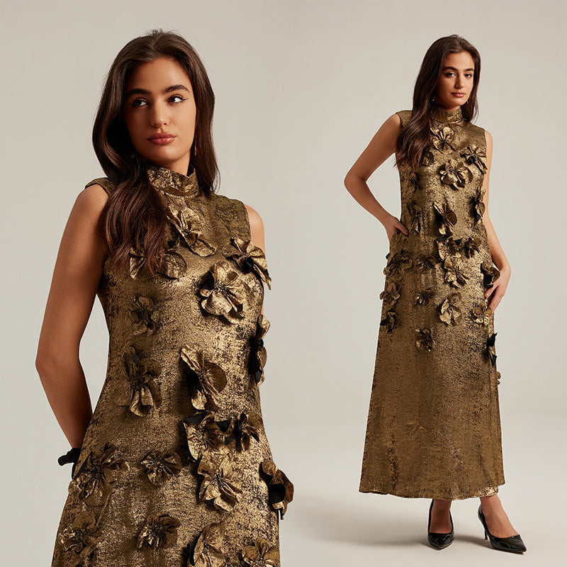 Three dimensional flower splicing sleeveless waist cinched A-line skirt long dress for women eprolo