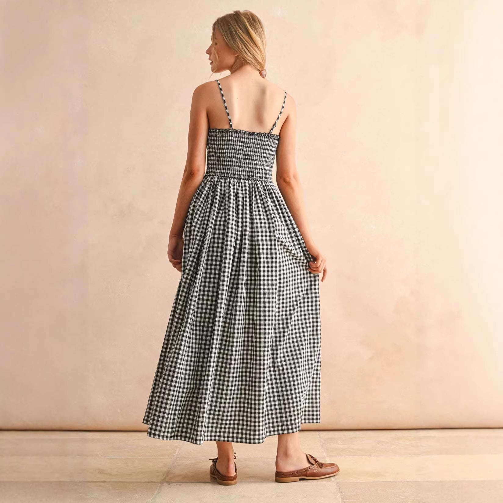 Summer Strap Retro Plaid A-line Slimming Dress for Women with Waist 