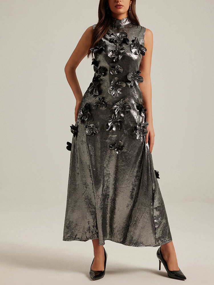 Three dimensional flower splicing sleeveless waist cinched A-line skirt long dress for women eprolo