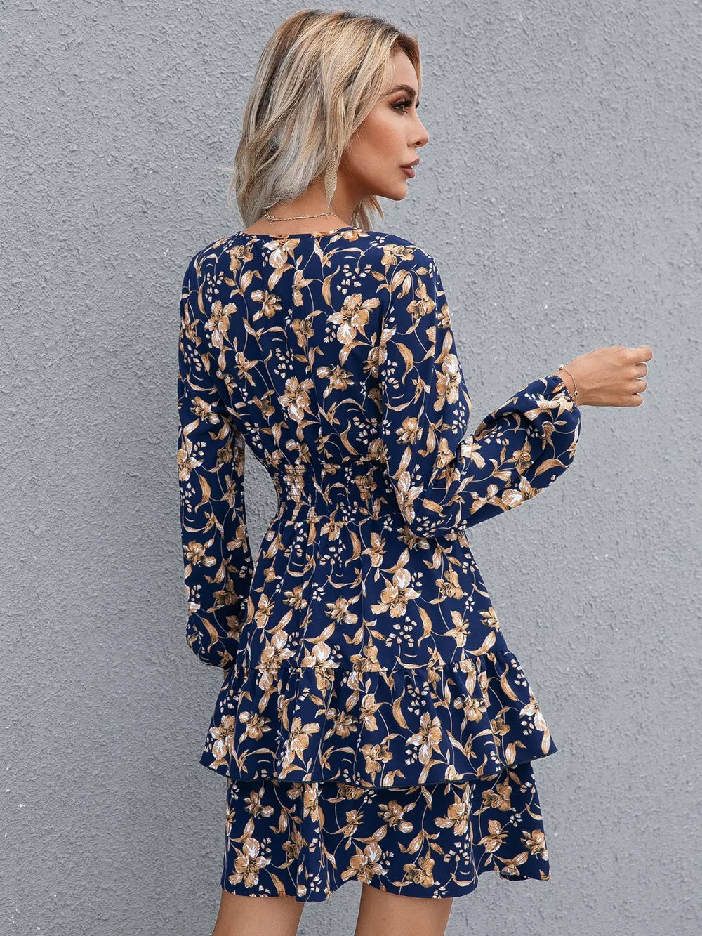 Floral Layered Surplice Balloon Sleeve Dress eprolo