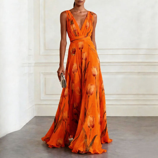 Tulip Print Evening Dress for Women Sleeveless V-Neck Long Dress 