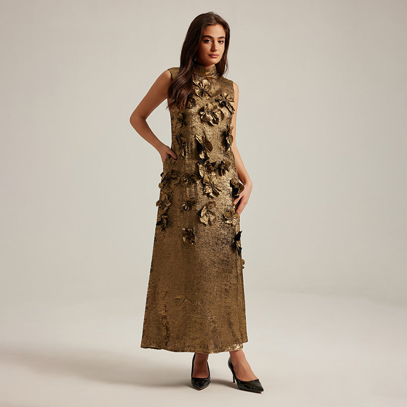 Three dimensional flower splicing sleeveless waist cinched A-line skirt long dress for women eprolo