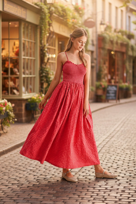 Summer Strap Retro Plaid A-line Slimming Dress for Women with Waist 