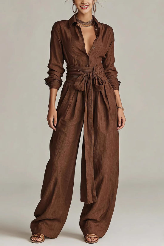 Solid color collar top high waisted pants two-piece set 