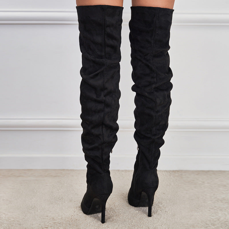 European And American Pointed Toe Suede High Zipper Stiletto Heel Boots CJ