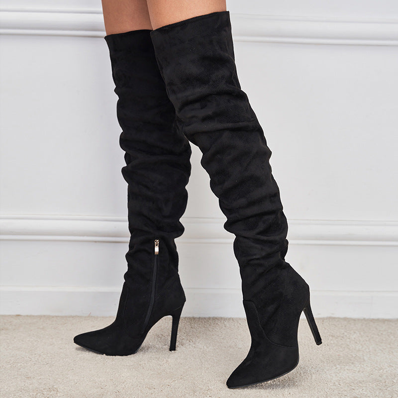 European And American Pointed Toe Suede High Zipper Stiletto Heel Boots CJ
