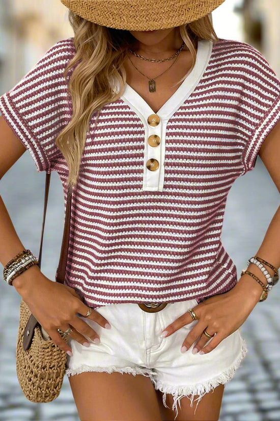 🌸 Women's Summer V-Neck Short Sleeve Knitted Patchwork Button Pullover Top FitiqueFit