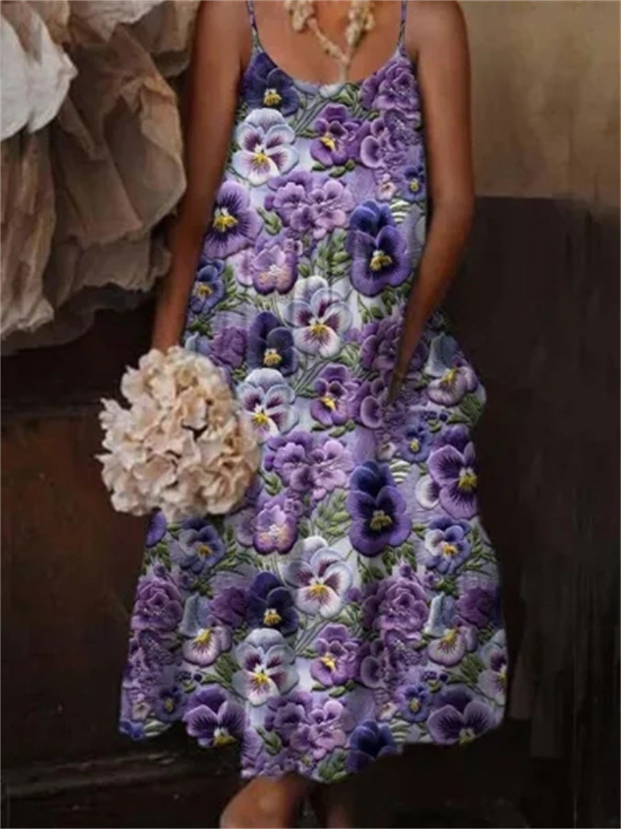 🌺 European & American Style Floral Art Print Sling Holiday Dress FitiqueFit