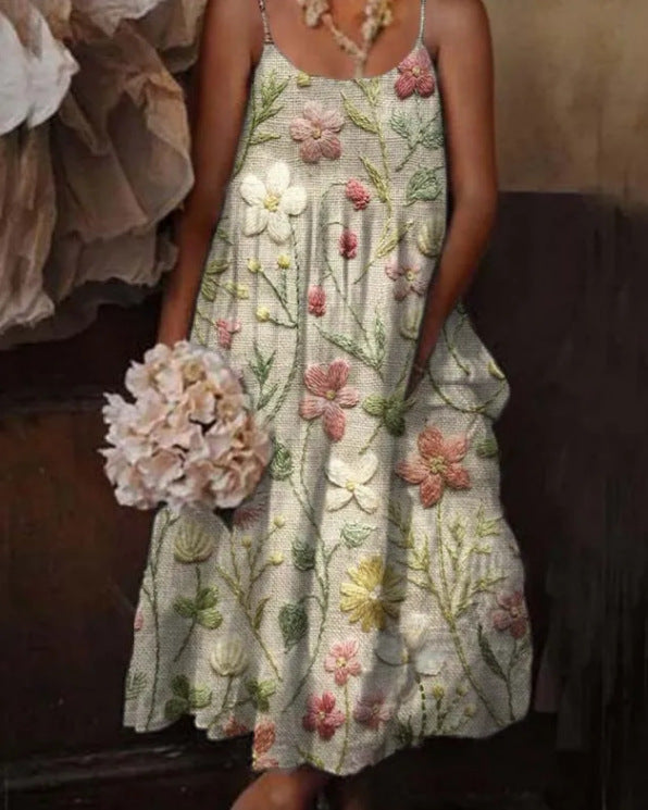 🌺 European & American Style Floral Art Print Sling Holiday Dress FitiqueFit
