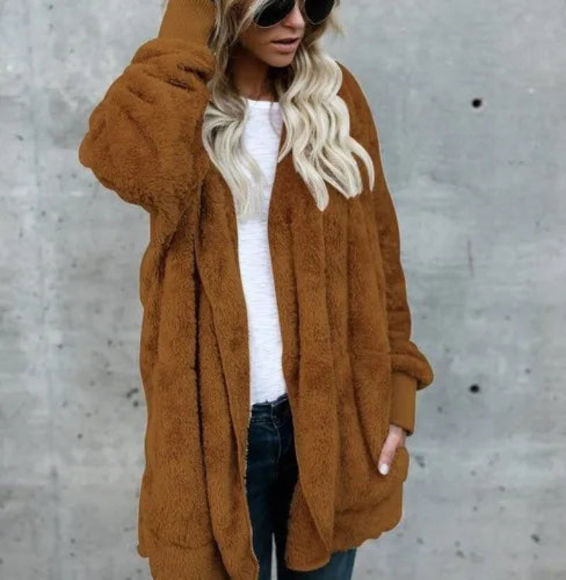 Autumn Winter Double Fleece Cardigan Jacket Women Solid Color Long Sleeve Plush Warm Hooded Lady Jacket Oversized Outerwear Coat 