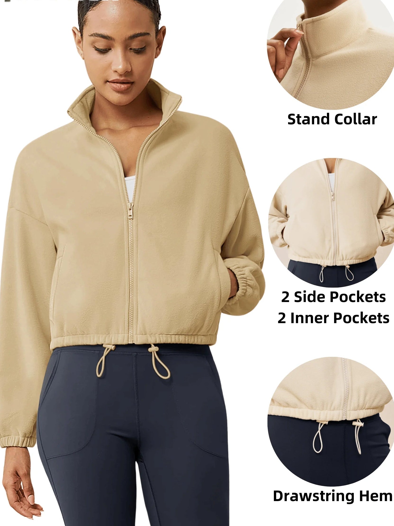 TACVASEN Winter Fleece Cropped Jackets Womens Fashion Stand Collar Casual Outwear Tops Lightweight Warm Outdoor 4 Pockets Coats 