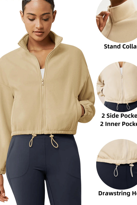TACVASEN Winter Fleece Cropped Jackets Womens Fashion Stand Collar Casual Outwear Tops Lightweight Warm Outdoor 4 Pockets Coats 