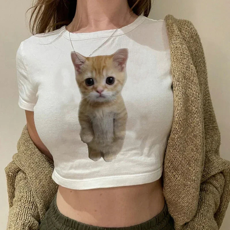 Women's T-shirt with cat pattern top and shorts cut Ulzzang T-shirt 90s Gothic women's T-shirt FitiqueFit