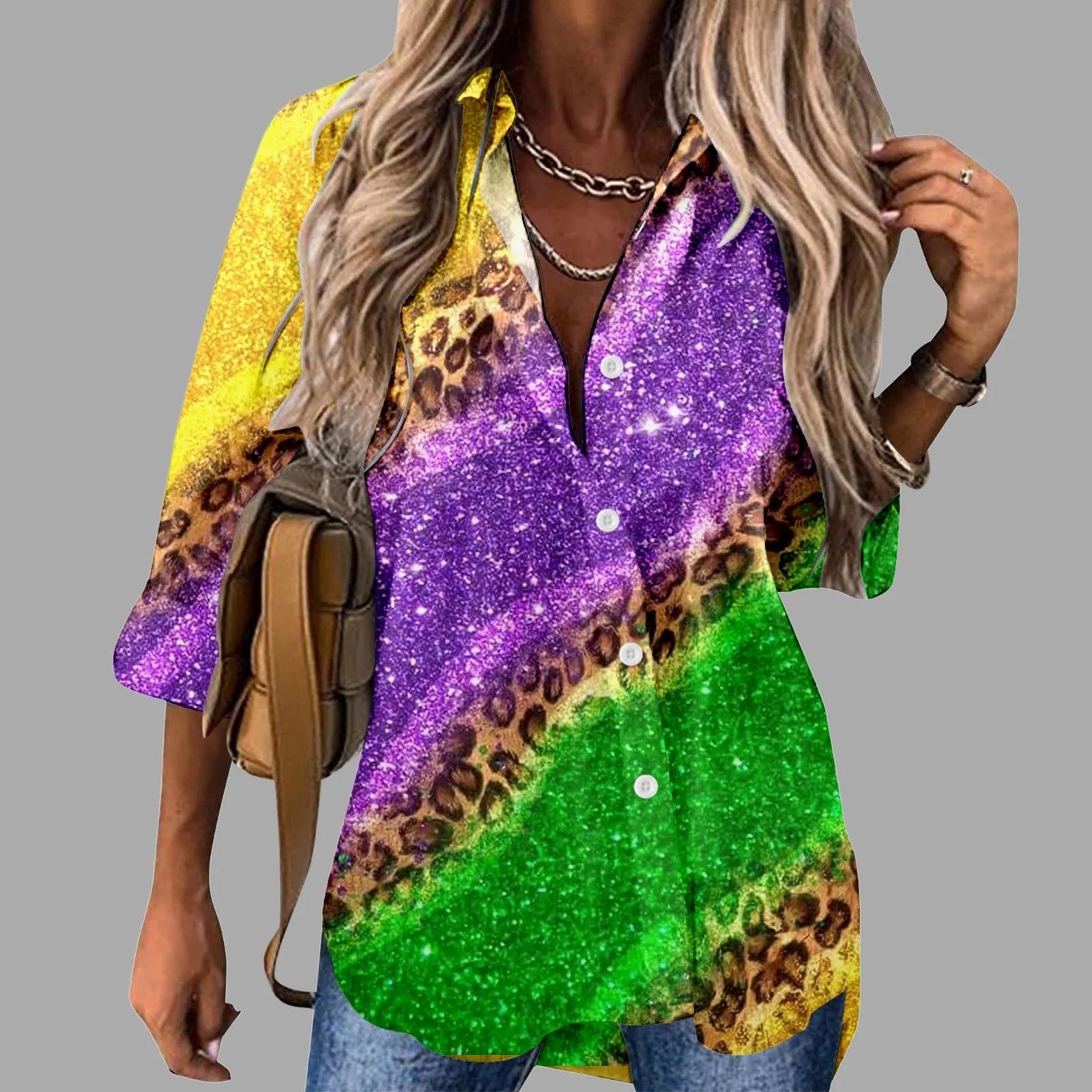 Mardi Gras Women V Neck Shirts Button Long Sleeve Carnival Print Tops Female Blouses Loose Holiday Party Shirt Streetwear FitiqueFit