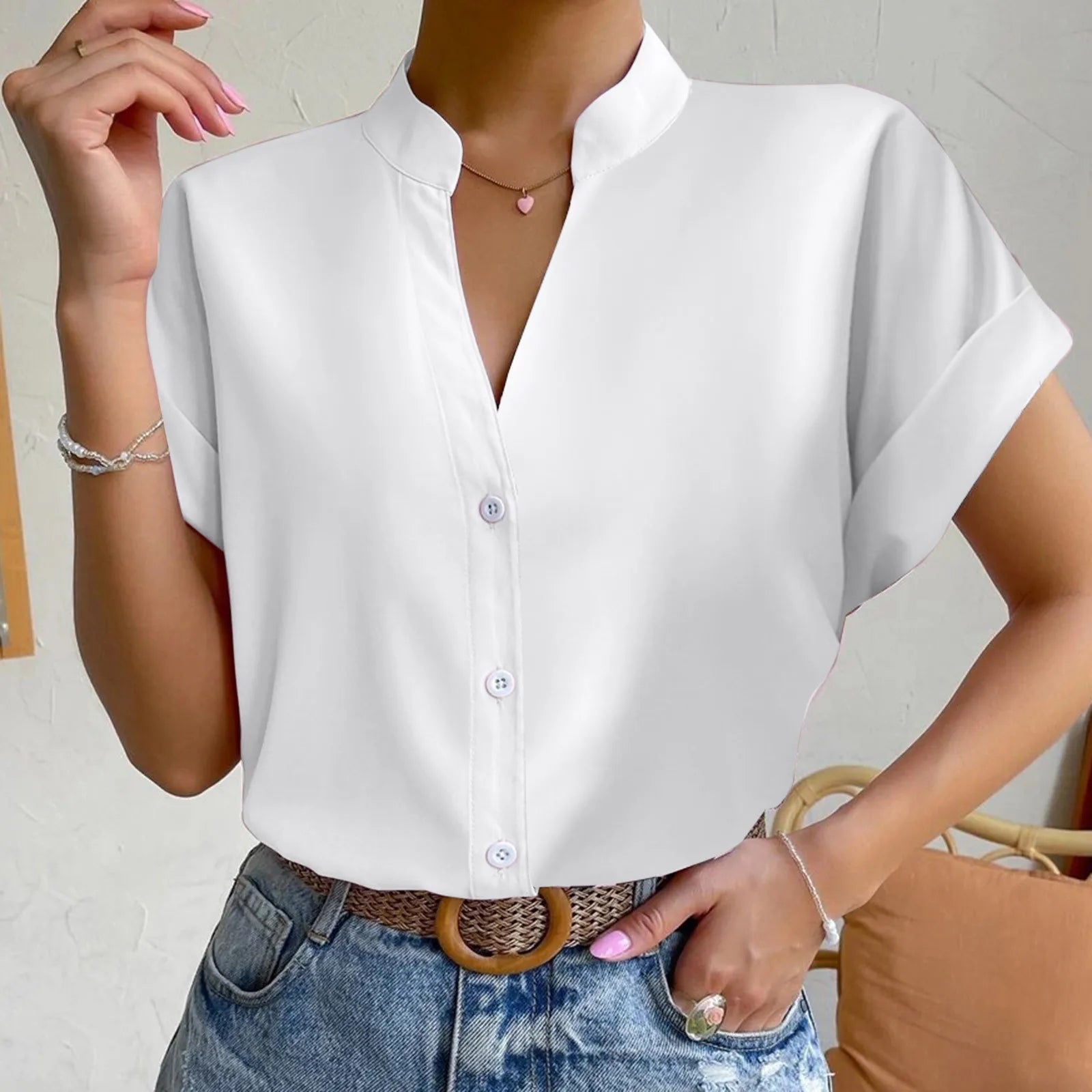🧡 Summer Women's Satin V-Neck Short Sleeve Shirt – Elegant Casual Wear FitiqueFit