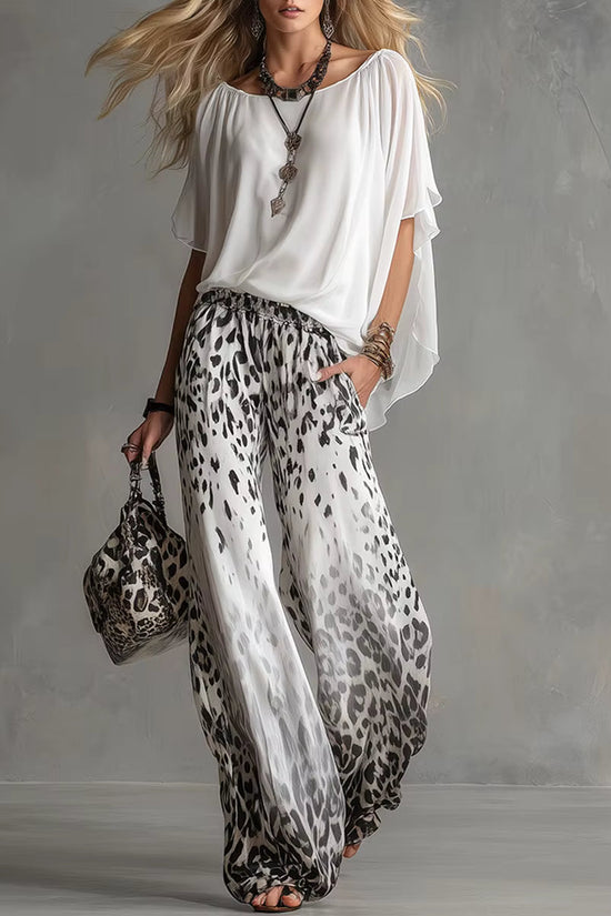 Chiffon Puff-Sleeve Top & Wide-Leg Pants Set – 15 Colors 