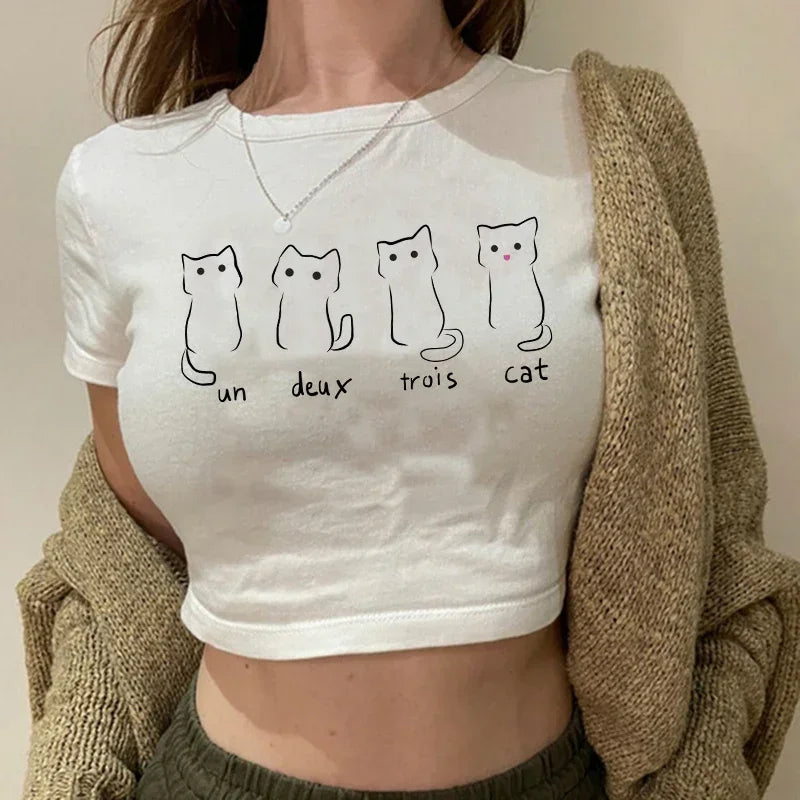 Women's T-shirt with cat pattern top and shorts cut Ulzzang T-shirt 90s Gothic women's T-shirt FitiqueFit