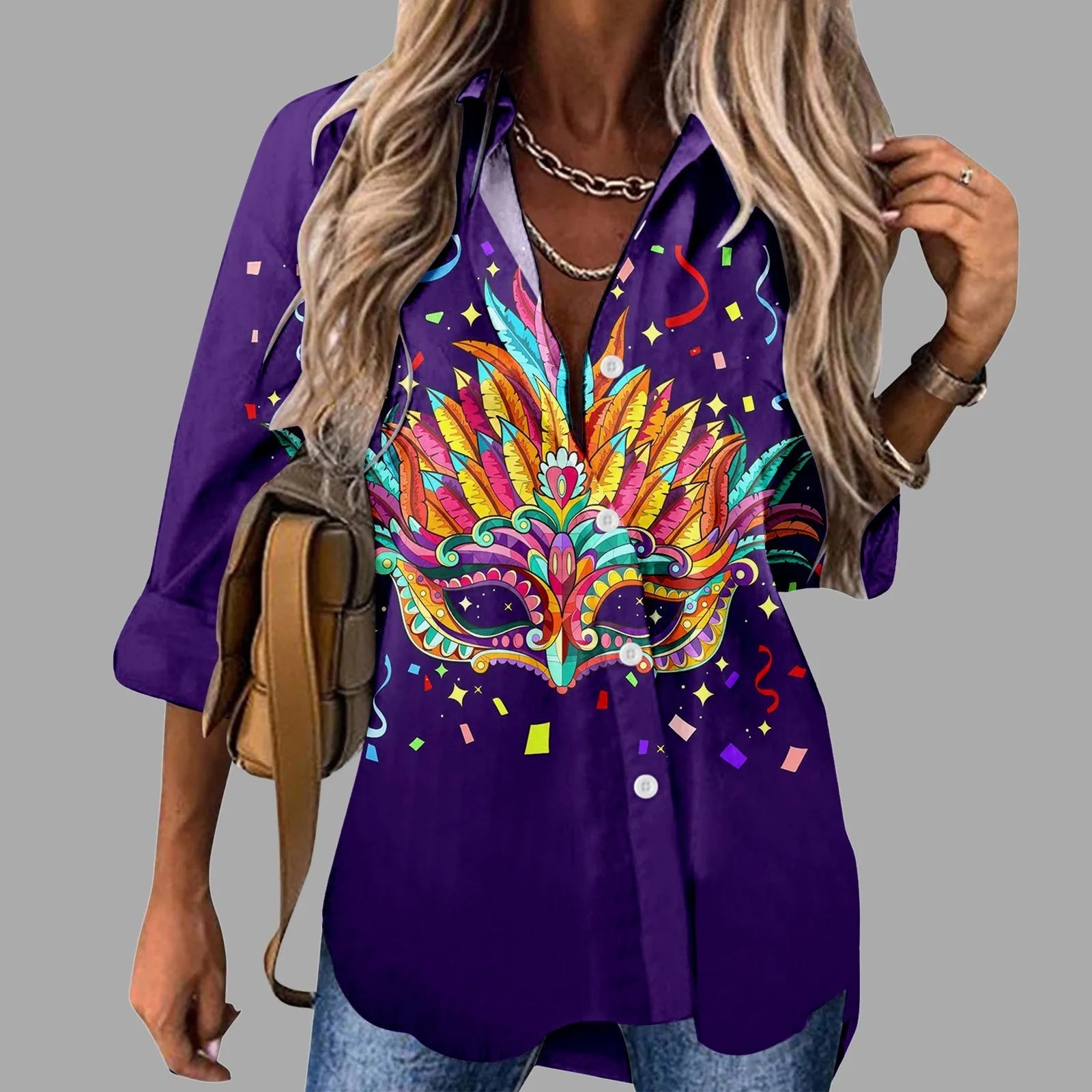 Mardi Gras Women V Neck Shirts Button Long Sleeve Carnival Print Tops Female Blouses Loose Holiday Party Shirt Streetwear FitiqueFit