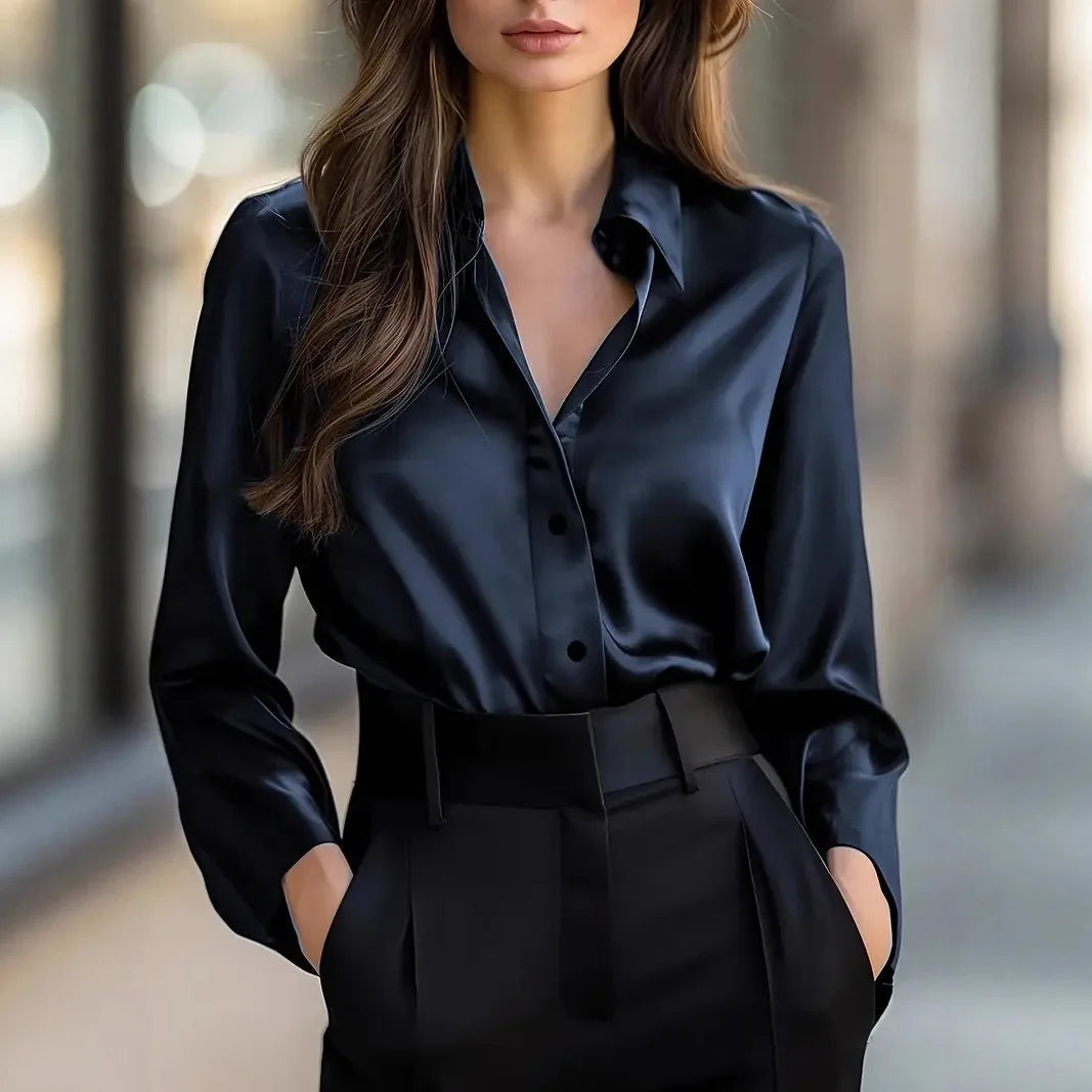 2025 Spring and Autumn Women's Lapel Shirt Brown Button Cardigan Top Black Elegant Fashion Office Basic Blouses for Female 