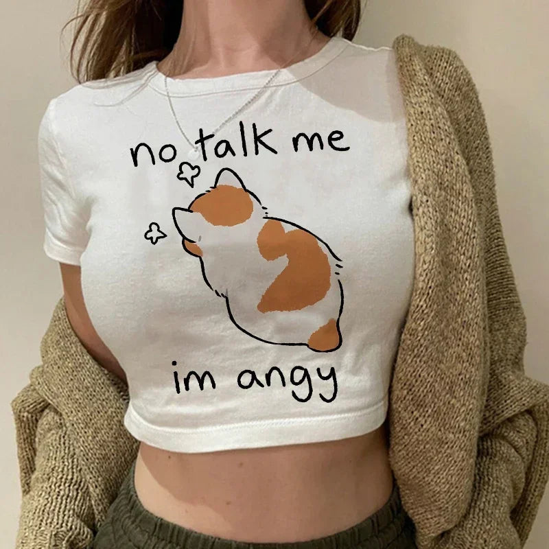 Women's T-shirt with cat pattern top and shorts cut Ulzzang T-shirt 90s Gothic women's T-shirt FitiqueFit