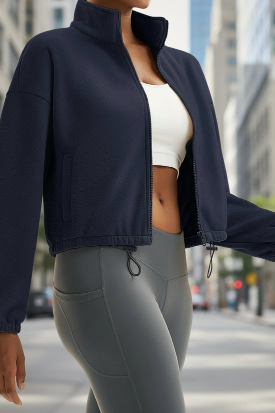 TACVASEN Winter Fleece Cropped Jackets Womens Fashion Stand Collar Casual Outwear Tops Lightweight Warm Outdoor 4 Pockets Coats 