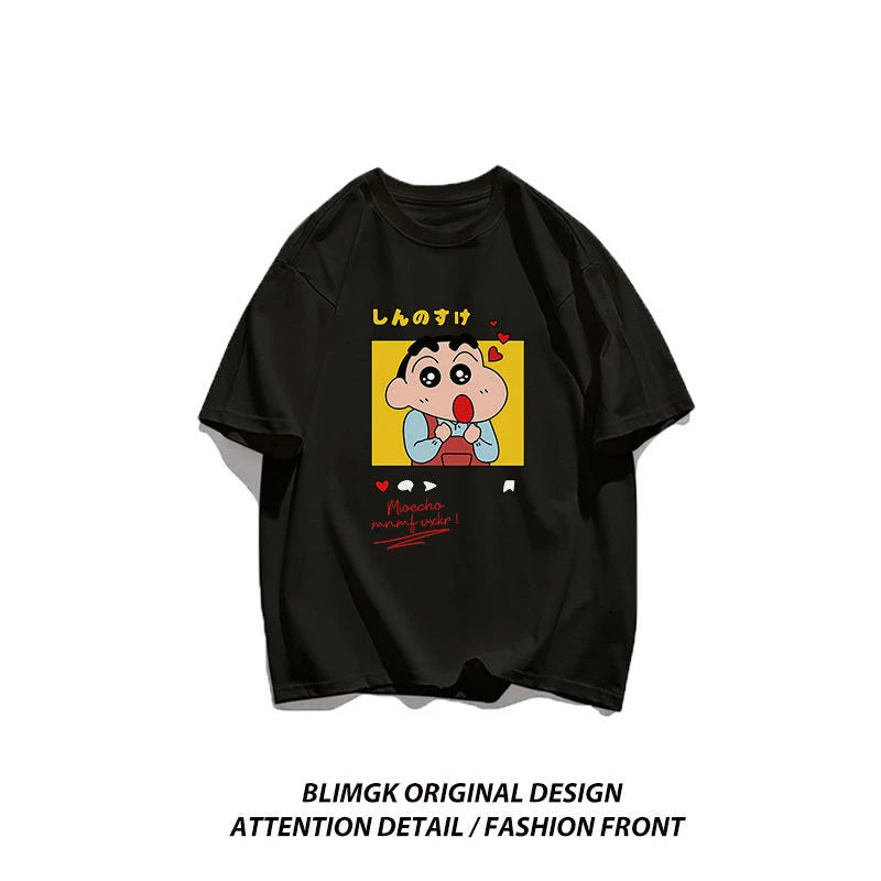 Crayo.n Shin Chan Sees His Beloved Woman Tee Clothing Cotton Fitting T Shirt Anime Shoulder Drop T-Shirt Outdoor Pleasure Tops FitiqueFit