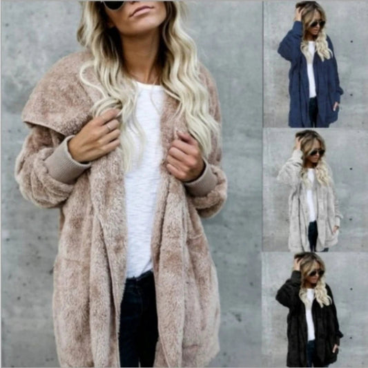 Autumn Winter Double Fleece Cardigan Jacket Women Solid Color Long Sleeve Plush Warm Hooded Lady Jacket Oversized Outerwear Coat 