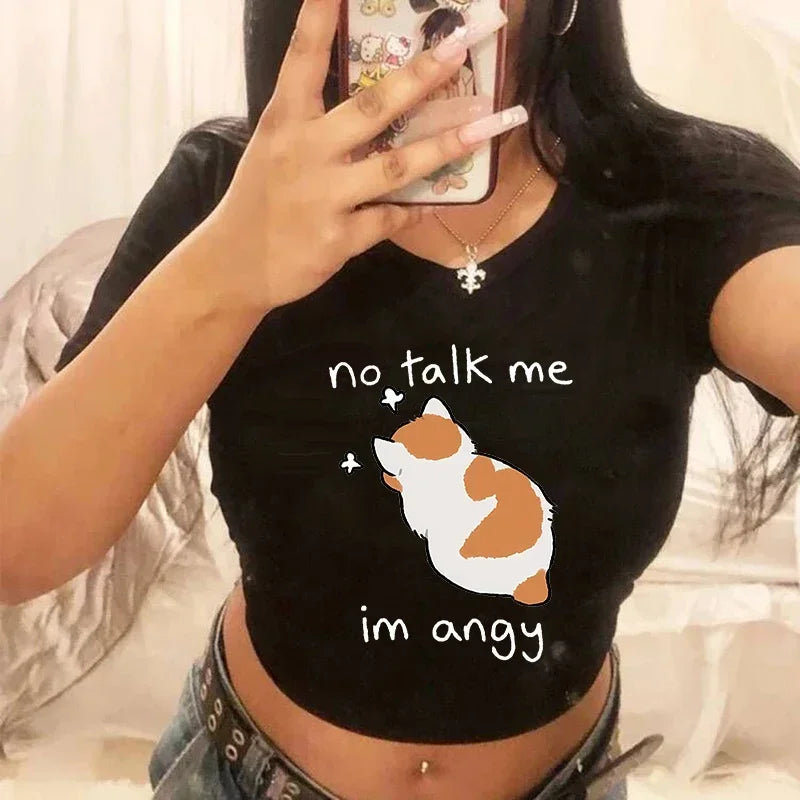 Women's T-shirt with cat pattern top and shorts cut Ulzzang T-shirt 90s Gothic women's T-shirt FitiqueFit