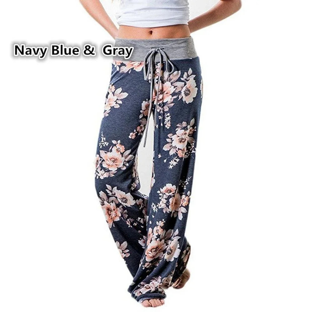 Plus Size Women S-8XL Fashion Casual Loose Stretch Printing Drawstring  Lounge Pants Pajama Long Wide Leg Pants 