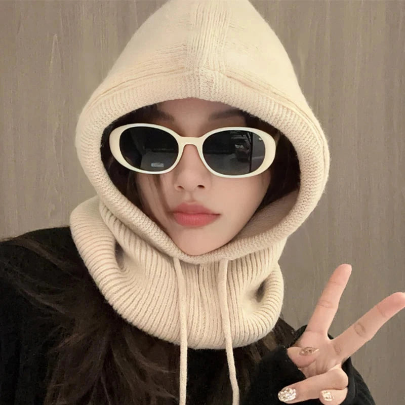 Knitted Hooded Caps Winter Balaclava Hats Women Korean Style Outdoor Warmer Drawstring Hats One-piece Neck Collar Beanies Cap FitiqueFit
