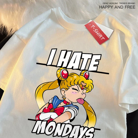 Sailor Moon'S Tongue Sticking Out Is Funny T Shirts Women Shoulder Drop Leisure T Shirt Cotton T-Shirts Youth Holiday Tops FitiqueFit