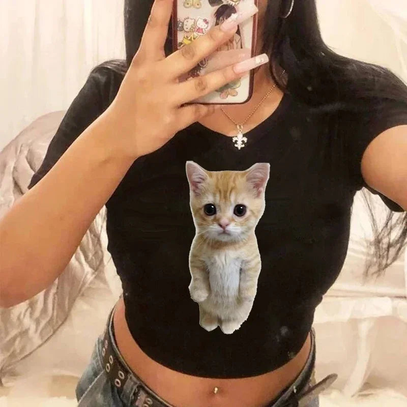 Women's T-shirt with cat pattern top and shorts cut Ulzzang T-shirt 90s Gothic women's T-shirt FitiqueFit