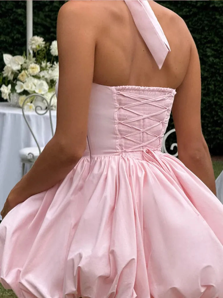 Vintage Pink Corset Puffball Hem Mini Dress Women's Elegant Halter Pleated High Waist Gowns New Lady Party Club Vestidos Summer FitiqueFit